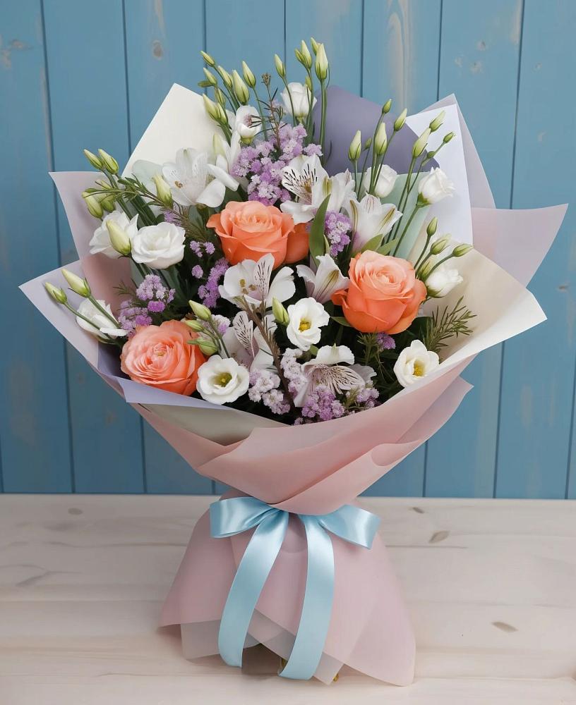 Букет цветов из: Лизиантусы, Розы, Альстромерии и Гипсофила в Цимлянске