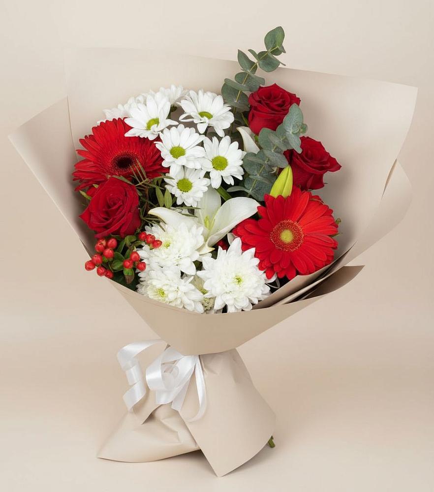 Букет цветов из: Розы, Хризантемы, Герберы и Лилии в Цимлянске
